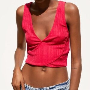 Zara Fuschia Hot Pink Textured Wave Crop Tank Top | Size Large | Summer | Spring